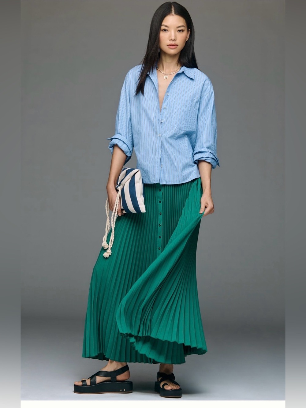 NWT Anthropologie Maeve Pleated Button-Front Maxi Skirt Green L